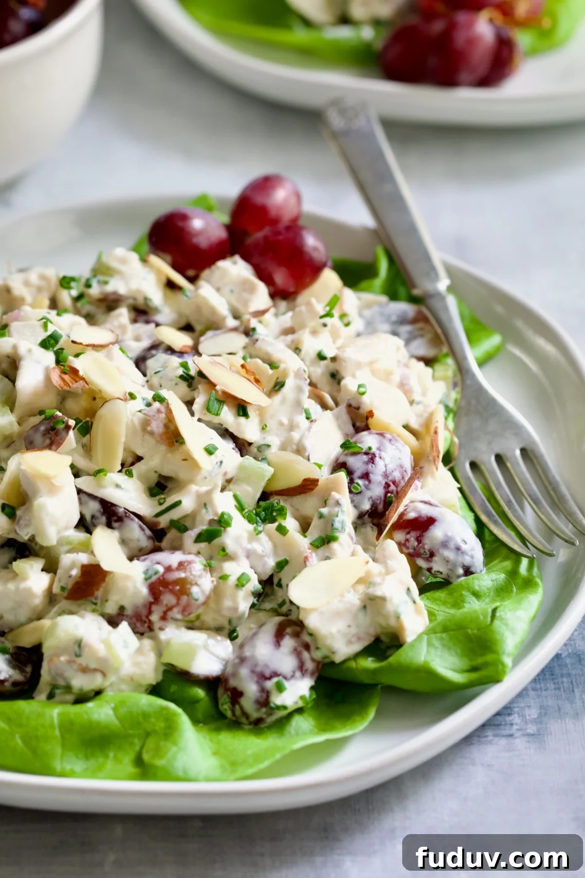 Chicken Salad with Herbs, Almonds and Grapes on lettuce on white plate.