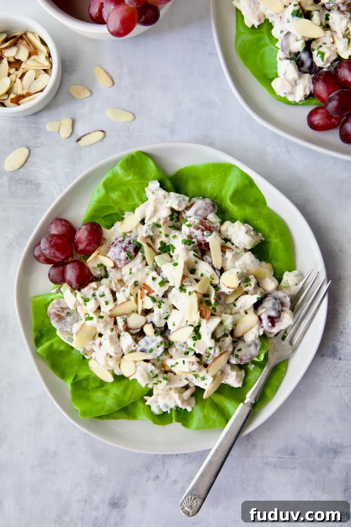 Chicken Salad with Herbs, Almonds and Grapes on lettuce on white plate.