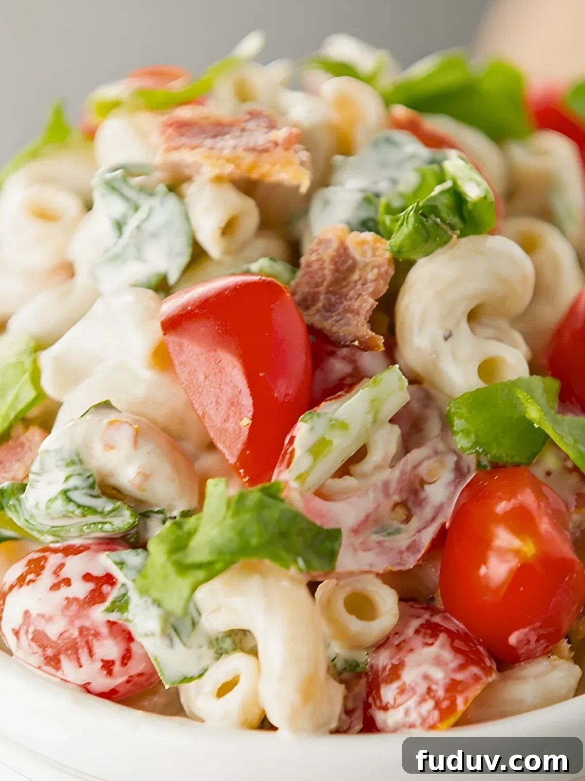 close up of BLT pasta salad - the perfect summer side dish