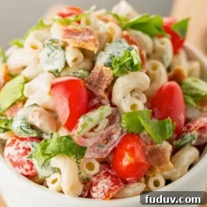 BLT pasta salad served in a bowl - perfect for a summer picnic or light dinner.