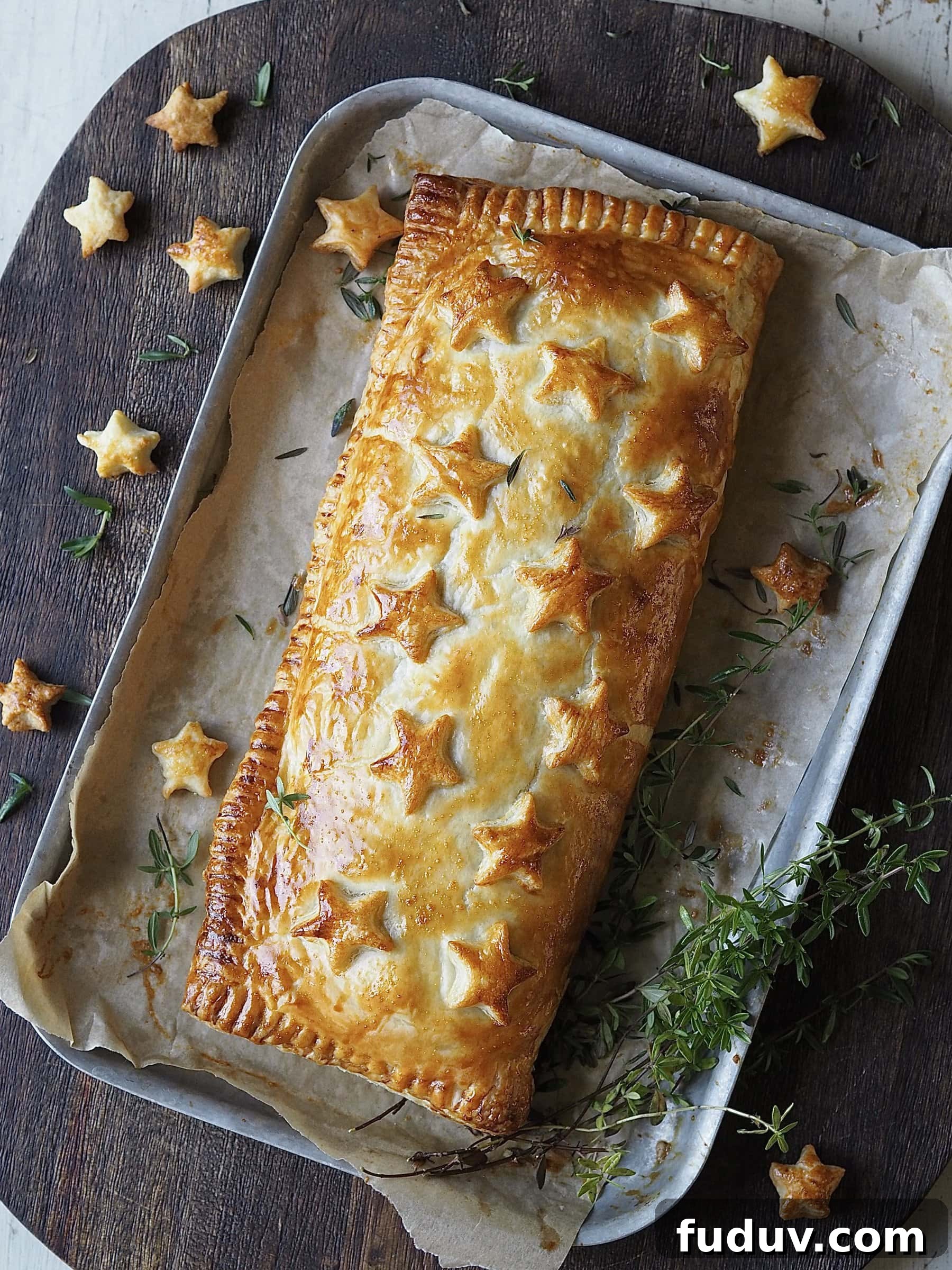 Baked Nut Roast Wellington in a baking dish.